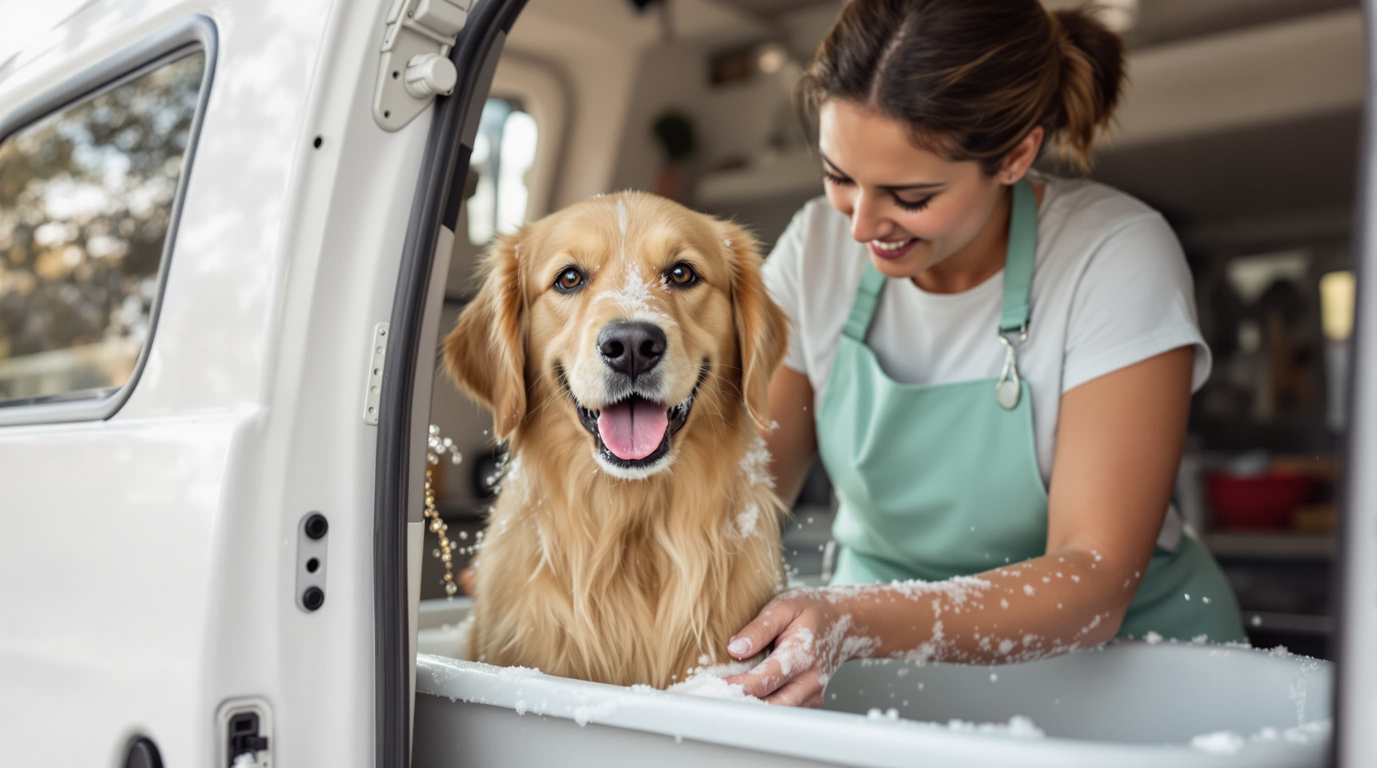 Mobile dog grooming van in Huntsville neighborhood